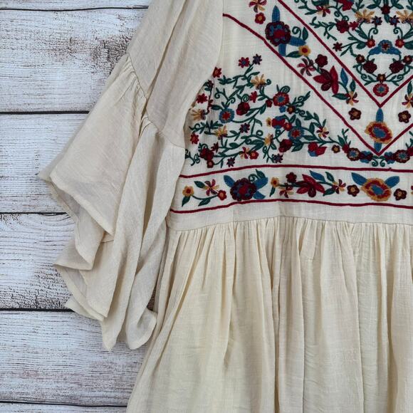 Umgee USA Floral Embroidered Mini Dress Womens XL Cream Green Blue Red Lined - Picture 6 of 14